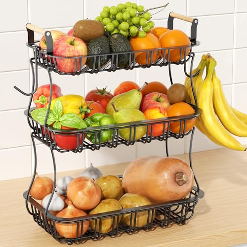 EACONPT Obstkorb mit 3 Etagen und 2 Bananenhaken, große Kapazität, multifunktional, abnehmbar, stabile Obstschale mit Holzgriff, Netzoberteil für Küchentheke, für Brot, Snacks, Gemüse, Schwarz