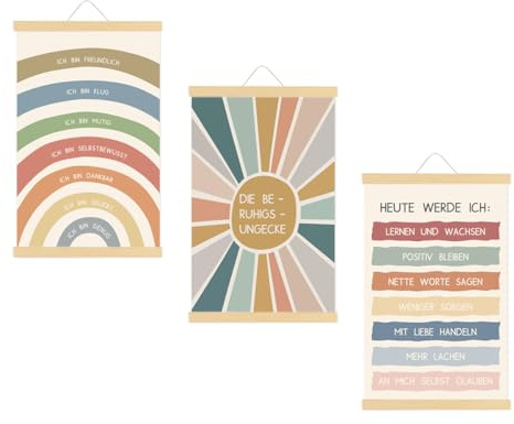 EASTJOY 3 Stück Poster Psychische Gesundheit, Wachstumsmentalität & Positive Affirmationen für Kinder - Leinwandbild Mit Teak Holz Posterleiste，für Beruhigende Ecke oder Klassenzimmer Dekoration