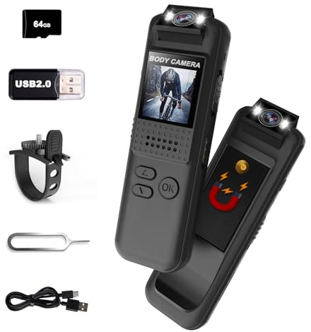 Bextgoo Camera Deportiva, 1080P HD Mini Action CAM con Tarjeta TF de 64GB, Visión Nocturna a Color, Clip Magnético & Soporte Bicicleta, Lente Giratoria de 180° Camara Moto, Body CAM para Ciclismo