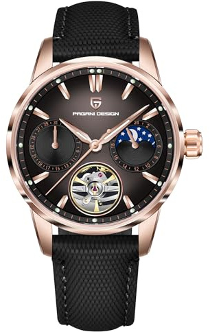 Pagani Design - Reloj automático de Lujo para Hombre, diseño de Esqueleto Tourbillon, Fase Lunar, Acero Inoxidable, 100 m, Correa de Cuero, Reloj mecánico para Hombre, Oro Negro., Clásico