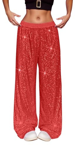 Glitzer Hose Damen Lange High Waist Pailletten Hose Elegant Einfarbig Pailettenhose Weites Bein Freizeithose Glitzerhose mit Elastische Bund Clubwear Streetwear Karneval Kostüm