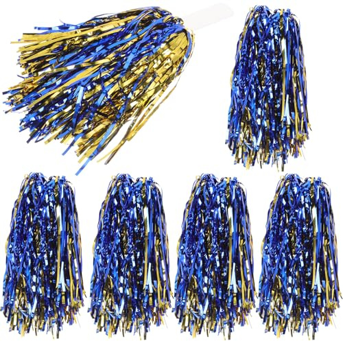 Gatuida Lot de 6 Pompons à Paillettes Bleu et Or Poignée Plate en PP, Accessoires Légers et Réutilisables pour Cheerleading, Danse et Compétitions Sportives
