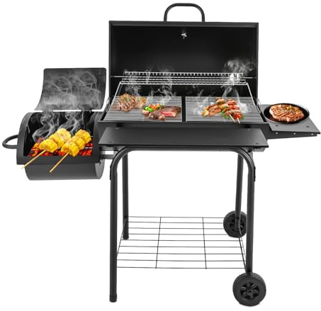 TFGXUE XXL kolgrill, rökgrill för 10 personer från 10 personer, kolgrill med 2 hjul och rymlig grill, inbyggd termometer, BBQ smoker för familjefester utomhus