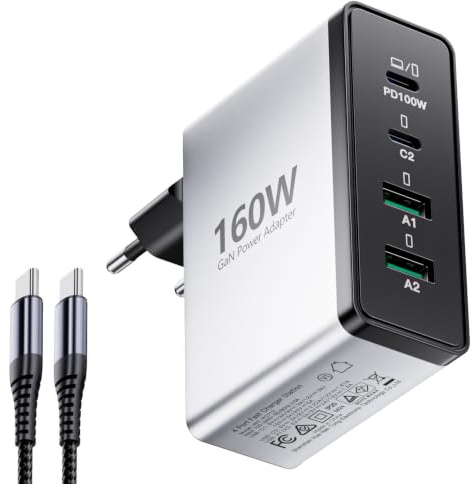 160W Cargador USB-C, Cargador Múltiple de 4 Puertos con Adaptador de Carga USB-A y USB-C, Cargador Rápido PD 3.0 Fuente de Alimentación USB Compatible con MacBook/iPhone/Samsung Galaxy/Ordenador Portá