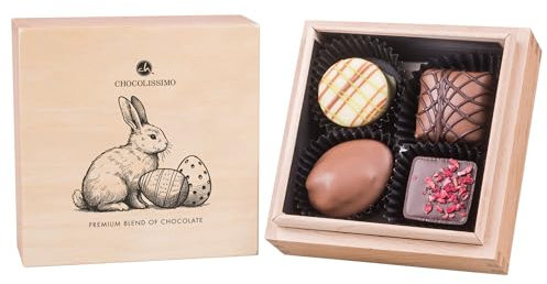 CHOCOLISSIMO Chocolates de Pascua de Lujo en Una Caja de Madera Fina, 4 Chocolates Hechos a Mano, Regalo de Pascua para Los Conocedores, Pascua Dulces Regalo, Pascua de Chocolate Dulces de Pascua