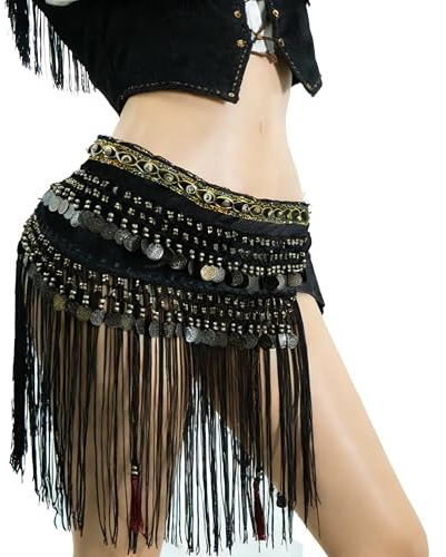 Wuchieal Belly Dance Tribe National Style Belt Tassel Hip Scarfs Velvet Waist Large, Black
