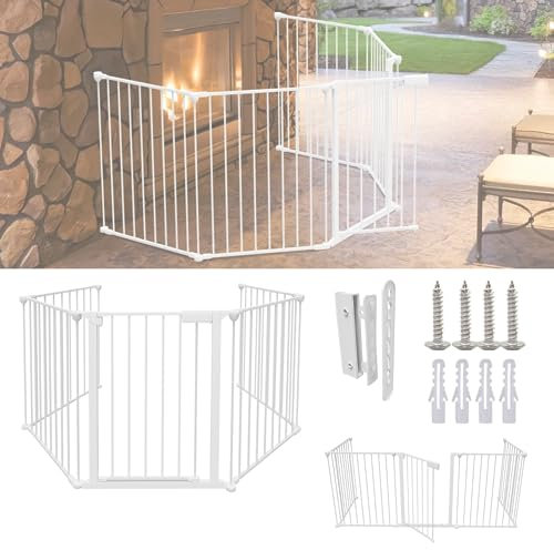 Sonnewelt Barrière de sécurité Enfant de cheminée avec porte de 310 cm,Barriere escalier,5 éléments en métal,barrière de sécurité protection pour enfants et animaux,grille de protection de poêle,Blanc