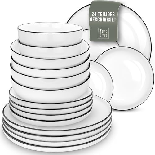 24 Piece Dinner Sets for 6 People - Beautiful Scandinavian Style Stoneware Dinner Set for 6 - Dishwasher & Microwave Safe Plates and Bowls Set for 6 - Dinnerware Sets by Pure Living in White