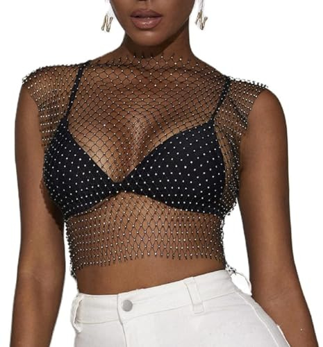 Canottiere da donna glitterate, top corti neri sexy in rete con diamanti scavati, top corti con strass trasparenti per abiti festival club rave, camicetta corta clubwear copertura cristalli diamanti