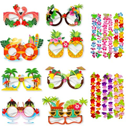 BSITSSS Hawaiian Papier Brille und Hawaii Kette Blumen, Tropical Party Brillen Lustig für Strand und Beach Accessoires - für Kinder und Erwachsene