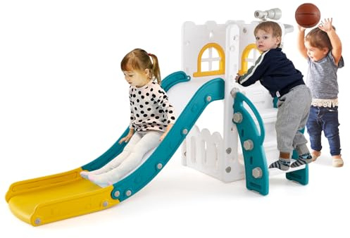 RELAX4LIFE 6 in 1 Scivolo per Bambini, Parco Giochi con Canestro da Basket, Scala da Arrampicata e Telescopio, Giochi Montessori per Interni, Palestra per Bambini 1 Anni + (Standard, Giallo+Verde)