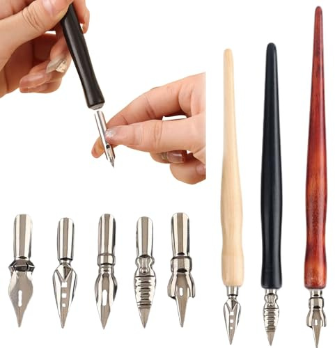 JYXNU 8 Pezzi Set di Pennini per Calligrafia con 3 Portapenne in Legno e 5 Pennini in Acciaio Inossidabile Penne Stilografiche per Disegno Manga Schizzi e Pennino per China