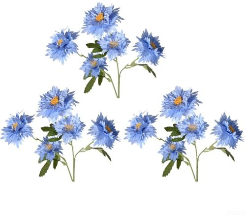 Bouquet di crisantemi artificiali, 3 pezzi, con fiori di fiamma dall'aspetto naturale, decorazione per arco nuziale, decorazione per soggiorno e fotografia in studio (blu)