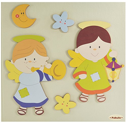 Fabula Linea Angeli Musicisti - Album Fotografico formato 30x30 cm - 4 fogli DIARIO NASCITA + 30 fogli per incollare foto - Angeli Lanterna e Tromba con Copertina colore 186 Panna con Applicazioni in Legno - Cod. 1330n