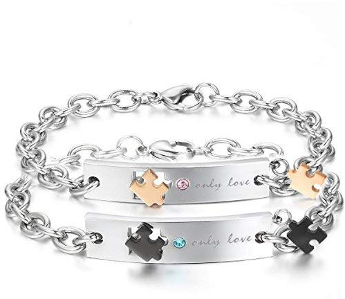 JewelryWe Schmuck Pärchen Armband, Edelstahl Panzerarmband Panzerkette Partnerarmband Freundschaftsarmband Paar Armreifen mit Gravur Valentinstag Lieben Geschenk für Damen Herren