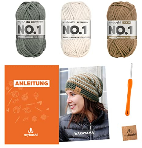 myboshi Häkelset Beanie Wakayama, Häkelset für Anfänger, inkl. No.1 Wolle, Nadel und Anleitung, Label, Häkelpaket für Anfänger, 30% Merinowolle Braun, mit Häkelnadel