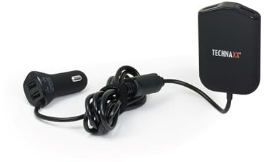 Technaxx Familj Billaddare med 4× USB (2,4A per port), 1,8m Kabel & Clip Fäste för Baksäte, Smart-IC Teknik, Överladdnings- & Kortslutningsskydd, Kompakt & Lätt för Smartphone/Surfplatta – TE14