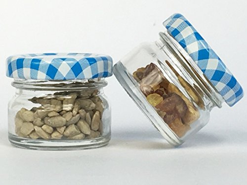 24er Set Sturzgläser Mini Gläser | Füllmenge 30ml | Deckelfarbe Blau Kariert | To 43 Rundgläser Honig Marmeladengläser Obstgläser Einweckgläser Honig Gläser Einmachgläser Probiergläser Imker