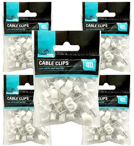 Cable Clips 200 pack (8mm) | Heavy Duty Wall Wire Clips | Ethernet Cable Clips | White Cable Holder with Nails for Office or Home Cable Management