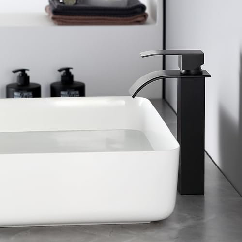 CECIPA Hoch Wasserfall Wasserhahn Bad Schwarz Waschtischarmatur Wasserfall Edelstahl mit Auslauf Höhe 185mm Hoch Waschbecken Armatur Mischbatterie Warmes und kaltes Wasser inkl. Zubehör