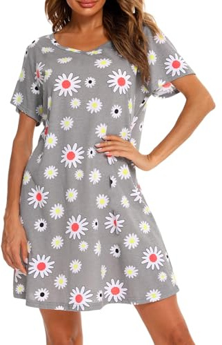 ENJOYNIGHT Camisón de Algodón de Manga Corta para Mujer Camiseta de Manga Corta Camisa de Noche Camisón de Verano Ropa de Noche (X-Large,Flor Gris)