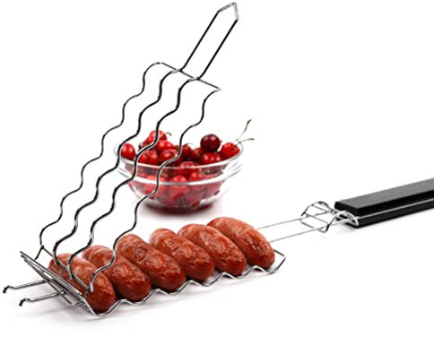 KKPLZZ Hot Dogs Grilling Basket, Folding Portable Stainless Steel Sausage Rack BBQ Grill Basket Grill Mesh Clip Holder for 6 Hot Dogs, Outdoor Grilling Tools