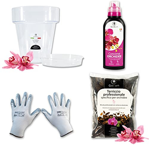 GebEarth® | Kit Rinvaso Orchidee Completo – Vaso Trasparente Ø14 cm con Sottovaso, Terriccio Specifico, Concime Liquido e Guanti.