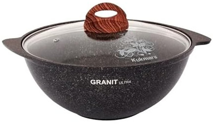 Aluminum Wok Kazan Cooking Pot with Lid Granit Ultra Non-Stick Kazan for Making Pilaf with Glass Lid 3.7-qt. (3.5 L) Camping Cookware Dutch Oven Kitchen Pot