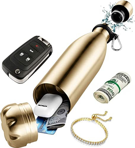Diversion Safe Wasserflasche – Gold – Edelstahlflasche mit verstecktem Fach für Karten, Schlüssel, Bargeld und Wertsachen – Isolierflasche für heiße und kalte Getränke – 530 ml