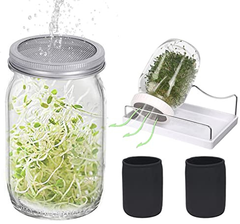 Facynde Juego de 2 tarros de germinación de semillas de vidrio germinado de 950 ml, kit de germinación de vidrio Jasr con funda opaca para cultivar brócoli, alfalfa y frijol mungo (semillas no