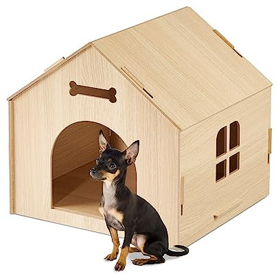 Relaxdays Hundehütte Indoor, Katzenhaus zum selber Bauen, Haustierhaus, für kleine Hunde & Katzen, Hundehöhle MDF, Natur