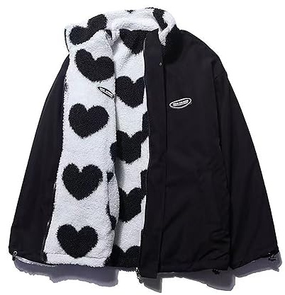 Sumleno Women's Fleece Sherpa Jackets Reversible Kawaii Heart Print Fuzzy Zip Up Cutecore Coats Aesthetic Y2k Gyaru Clothes (Black,2XL)