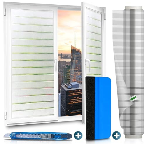 WindowShield® Fensterfolie Blickdicht selbstklebend, Streifen 90 x 200 cm | Sichtschutzfolie Fenster mit Streifenmuster, selbstklebend, blickdicht Tag und Nacht, lichtdurchlässig, mit Video-Anleitung