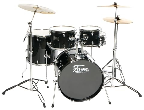 Fame FG20B-BK First Gig Studio Set, Schwarz, Komplettes Drum-Set, 20 Zoll BassDrum, Pappel-Kessel, Chrom-Hardware, Inklusive Becken und Tomhalter, Ideal für Einsteiger