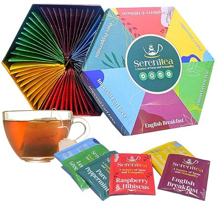 Assorted Tea Gift Set Hamper Box - 60 Individually Wrapped Bags Selection of Fruit Hibiscus English Breakfast Herbal Green Aromas. Afternoon Tea Gift for Mothers Day