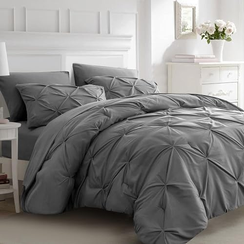 Lanqinglv Pintuck Bettwäsche 135x200 cm Dunkelgrau Luxus Plisseefalten Wendebettwäsche Set aus Mikrofaser,1 Bettbezug mit Reißverschluss und 1 Kissenbezug 80x80cm