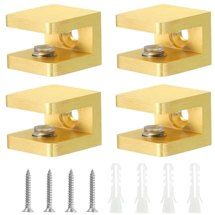 QUARKZMAN 4Pz Morsetto per Ripiano in Vetro Porta Clip in Vetro Oro Ramato | per Vetro Spesso 5-8mm, Staffa di Supporto Morsetto a U, per Pannello Fisso, Regolabile