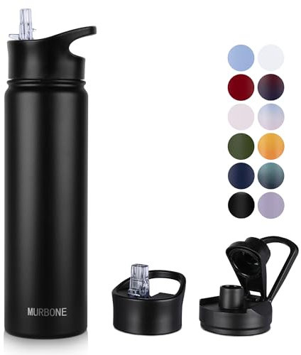 MURBONE Edelstahl Trinkflasche 750ml (+2 Deckel)-mit Strohhalm,BPA frei,Thermosflasche Auslaufsicher,Kohlensäure Geeignet,Thermoskanne Vakuum Doppelwandisolierung für Sport, Reisen, Camping