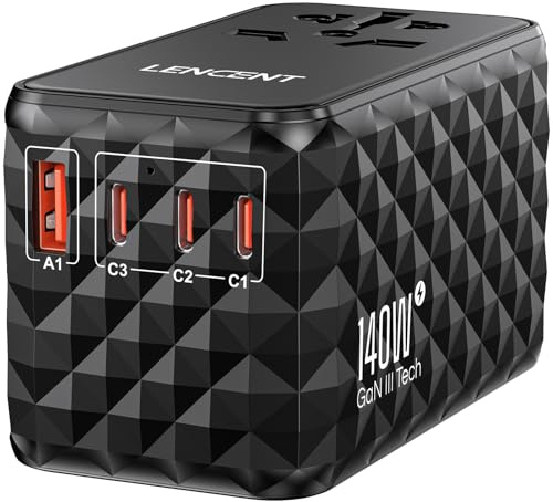 LENCENT 140W Adattatore Universale da Viaggio,Adattatore Presa con 3 USB-C