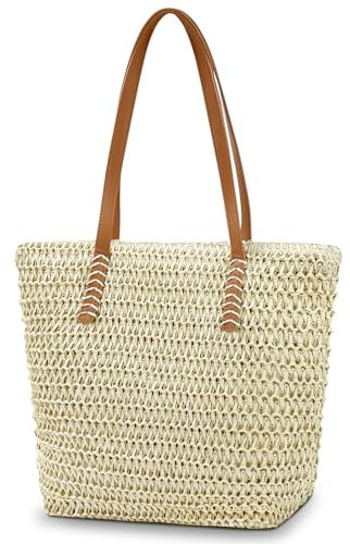 Aucuu Strohtasche, Strandtasche Damen, Stroh Handtasche mit Ledergriffe und Reißverschluss, Groß Schultertasche Umhängetasche für Urlaub Reisen Strand Sommer