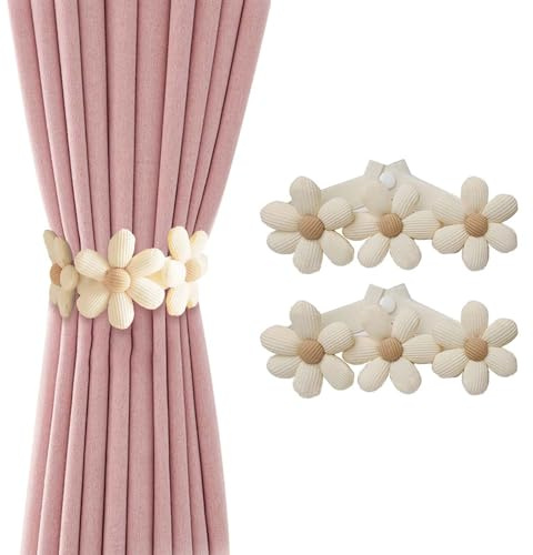 VIDSTW Vorhang Raffhalter mit Blumendesign 2 Stück Gardinenhalter Elastizität Einstellbar 45CM Raffhalter für Vorhänge Gardinen Raffhalter, für Vorhänge, Duschvorhänge, Tüllvorhänge (Beige)