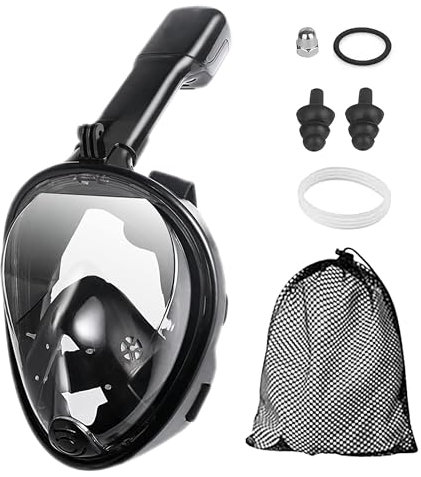 Vollgesichts-Tauchmaske zum Schnorcheln und Tauchen, Größe L/XL, Schwarz, 180-Grad-Sicht, Anti-Fog- und Dry-Top-Systeme, Innovatives Atmungssystem, mit Halterung für Sportkamera und Tasche