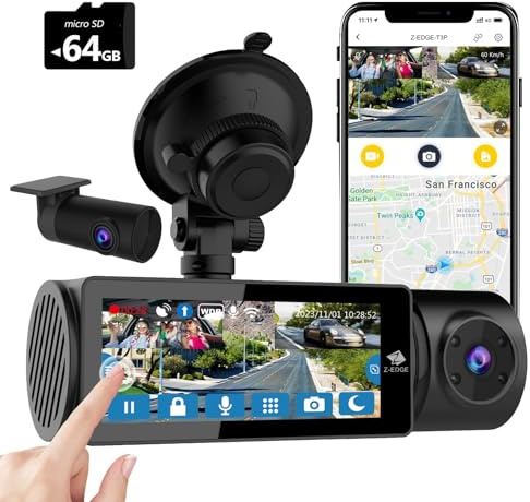 Z-Edge Dashcam 3-Kanal 5K/4K/2K/1080P mit GPS Wi-Fi IPS Touchscreen | Vorne Innen Hinten, WDR, Infrarot Nachtsicht, Loop-Aufnahme, App-Steuerung, Mit 64GB Speicherkarte, Unterstützt max. 512GB