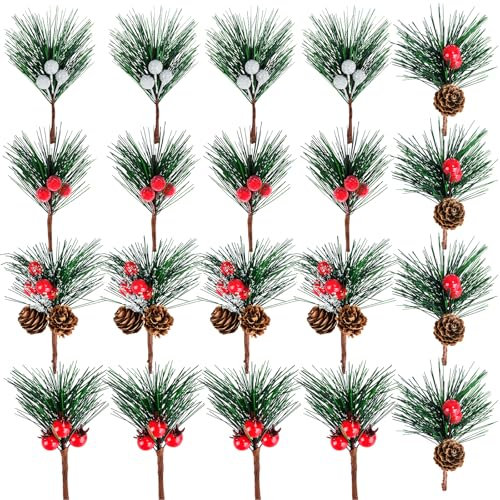 20 Pezzi Pini Artificiali, Simulazione di Natale Aghi di Pino Piccole Bacche Pigne, Piccoli Rami di Pigne di Bacche Finte per Composizioni Floreali, Ghirlande, Decorazioni per l'albero di Natale