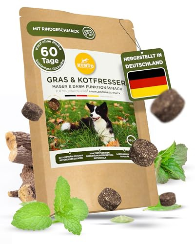 KUNTO® Gras und Kotfresser Drops Hund – Grasfresser und Anti-Kotfressen Hilfe bei Sodbrennen, Übersäuerung und Magenschutz – Natürliche Kräuter, Rindfleischgeschmack – Deutsche Herstellung (350g)