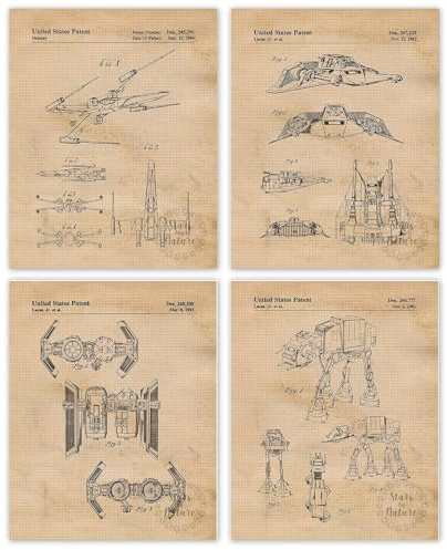 Generisch Amizou 4er Set Kunstdruck Din A4 - Star Sternenschiffe Raumschiff Space Shuttle - Patent Prints - Vintage Retro - Sci-fi Wars Movies - Druck Poster Bild Deko - ohne Rahmen