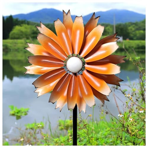 Ruiseawing Windrad für draußen, Metall, groß, 149 cm, Windrad für draußen, 360 °, mit Zwei Richtungen, Zwei Rotoren für Garten, Terrassendekoration, Orange