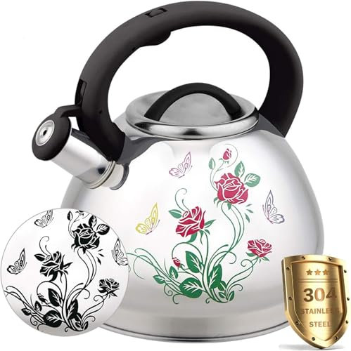 Bouilloire sifflante en acier inoxydable de qualité alimentaire avec motif floral changeant de couleur, théière rétro pour cuisinière avec poignée froide, convient à toutes les sources de chaleur