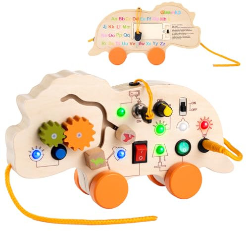 Gleamkid Montessori Busy Board, Montessori Dinosaurier Holzspielzeug, Sensorisches Holzspielzeug mit Lichtern & 4 beweglichen Rädern, Lernspielzeug Geschenke für ab 1 2 3 4 Jahre