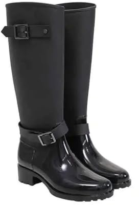 Women's High Heel Galoshes Waterproof Non Slip Rain Boots Mid Calf Ladies Water Shoe Botas black 36